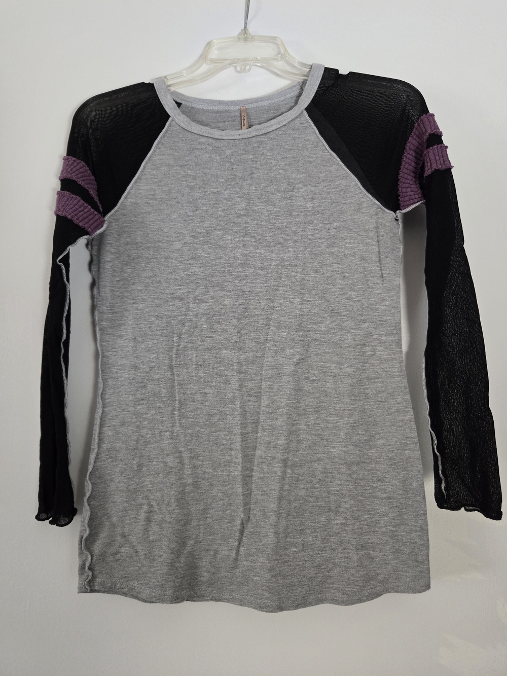 Women’s Grey Raglan Long-Sleeve Top with Black Mesh Sleeves and Purple Accents